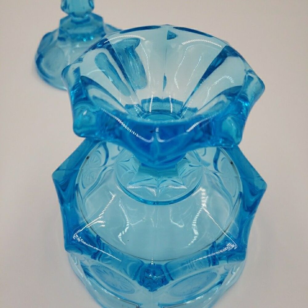 Fostoria Wedding Bowl with Lid Blue Glass Coin Medallion Covered Pedestal Dish - Picture 13 of 16